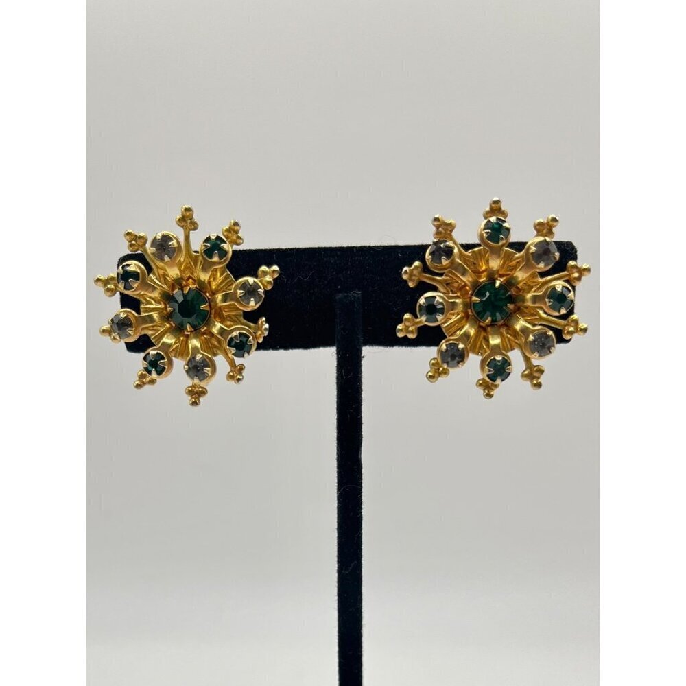 Vintage Gold Tone Cluster Starburst Statement Earrings Green Stones Twist‎ Backs